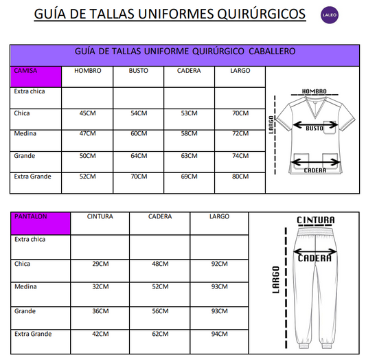 Guía de tallas Uniformes Quirúrgicos Caballero