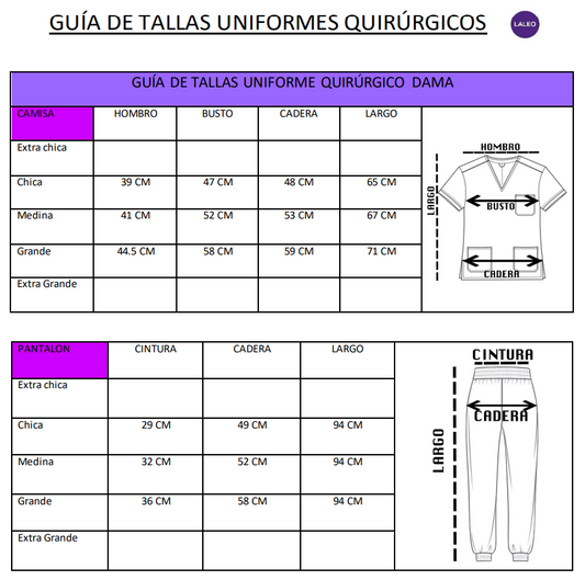 Guía de tallas Uniformes Quirúrgicos Dama