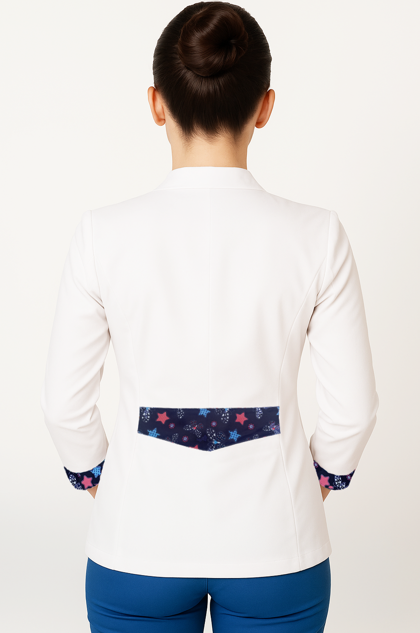 Saco dama blanca estampado mariposas azul marino