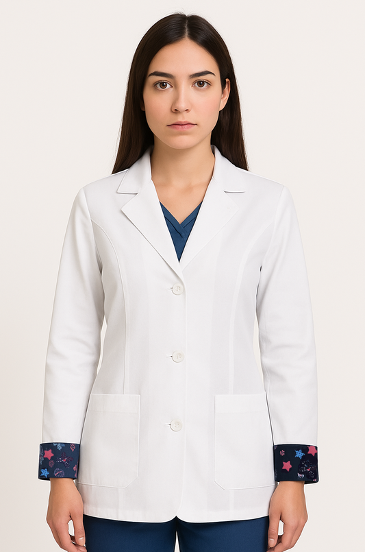 Saco dama blanca estampado mariposas azul marino