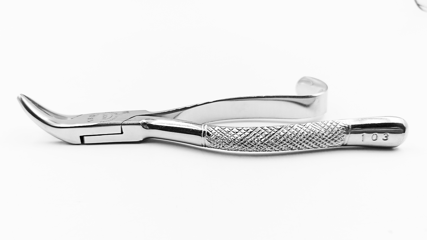 Extraction forceps 103 for premolars and lower roots.