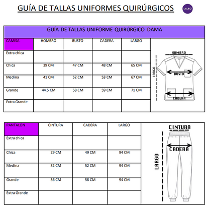 Guía de tallas Uniformes Quirúrgicos Dama