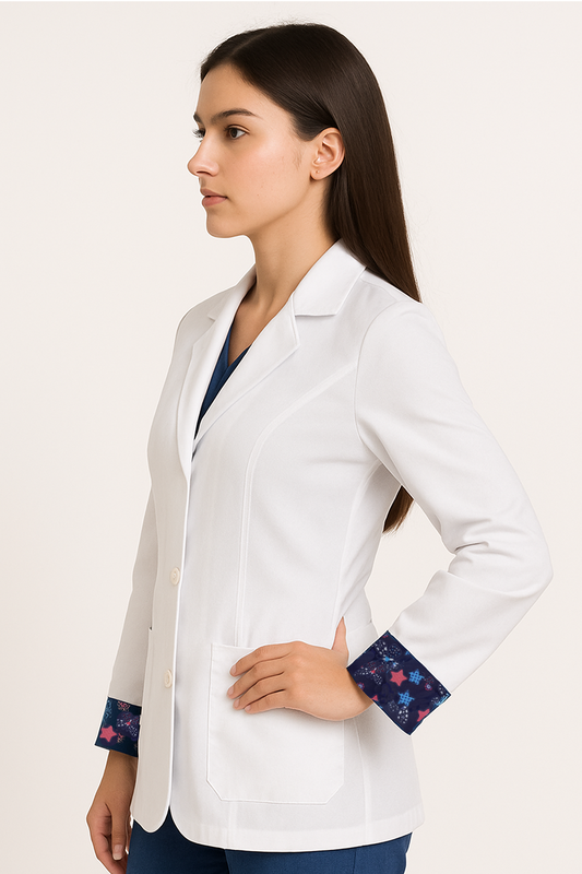 Saco dama blanca estampado mariposas azul marino