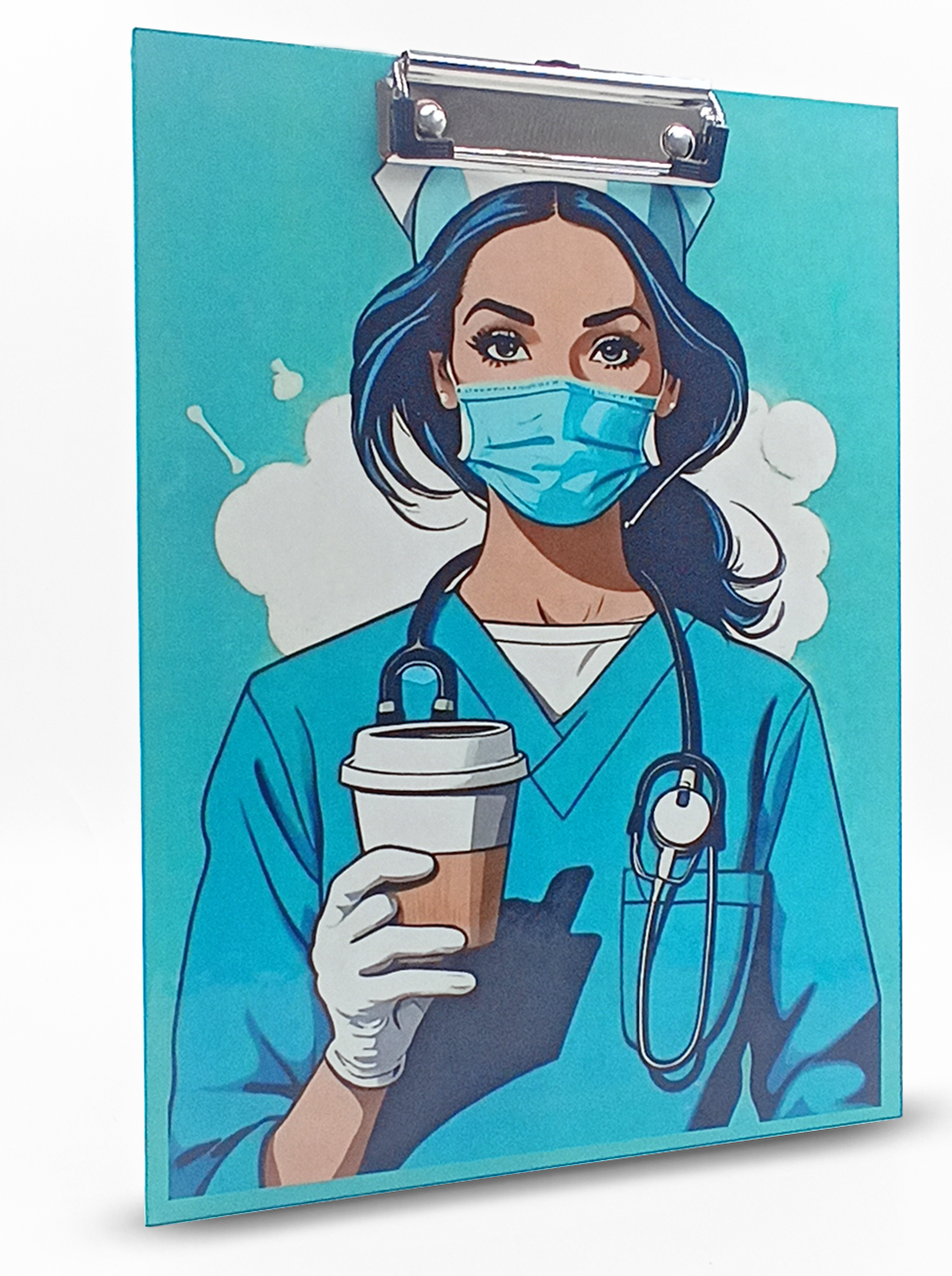Tabla porta papel enfermera con café
